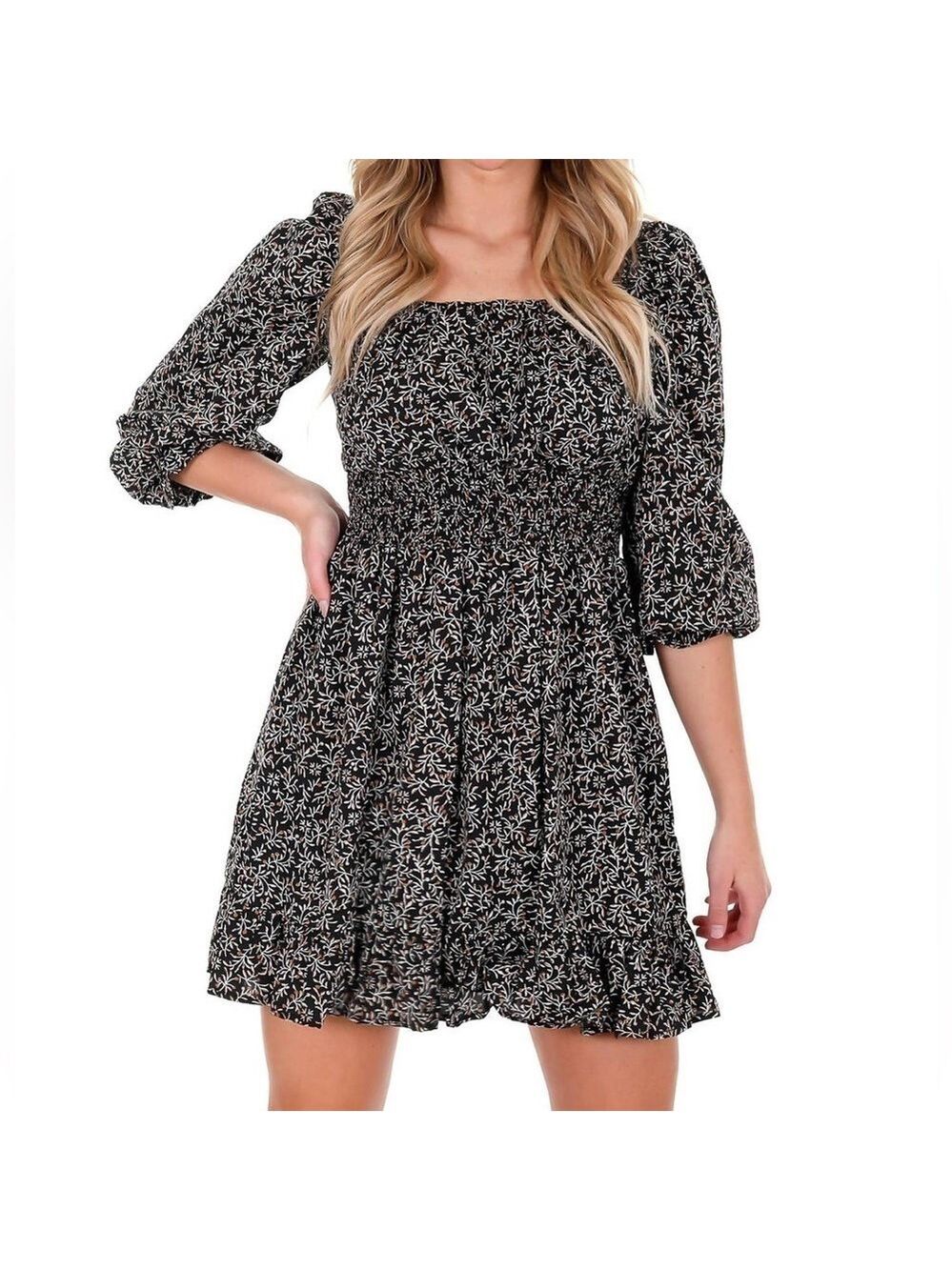 She & Sky Fall For You Floral Puff Sleeve Smocked Waist Ruffle Hem Short Dress